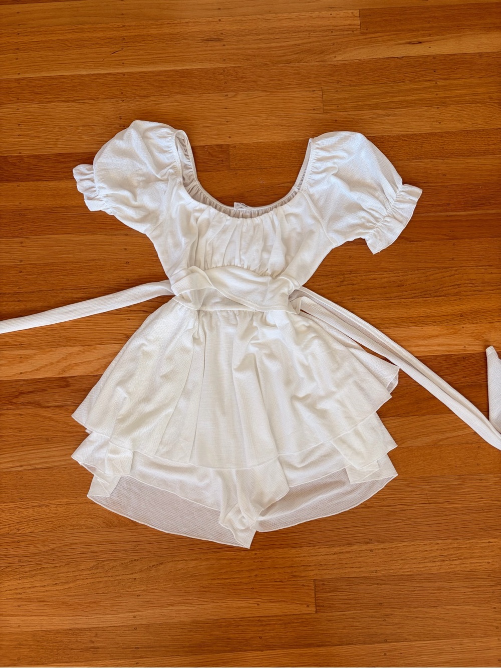 “Altar'd State” White Tiered Puff Sleeve Mini Romper/Dress with Sash
